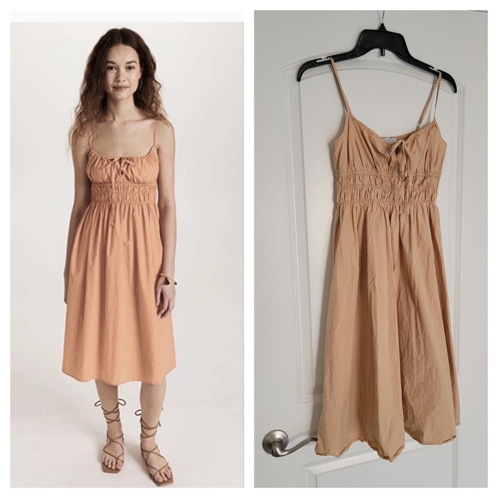 Sophie Rue Cream Tan Ruched Tie Front Midi Sundress